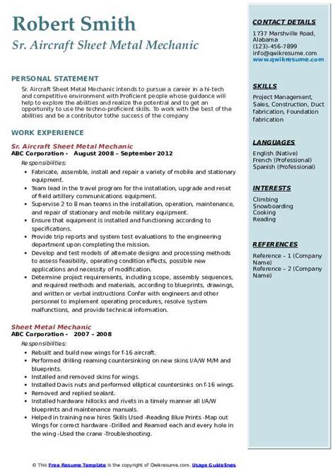 aircraft sheet metal mechanic resume|Aircraft Sheet Metal Mechanic Resume Sample .